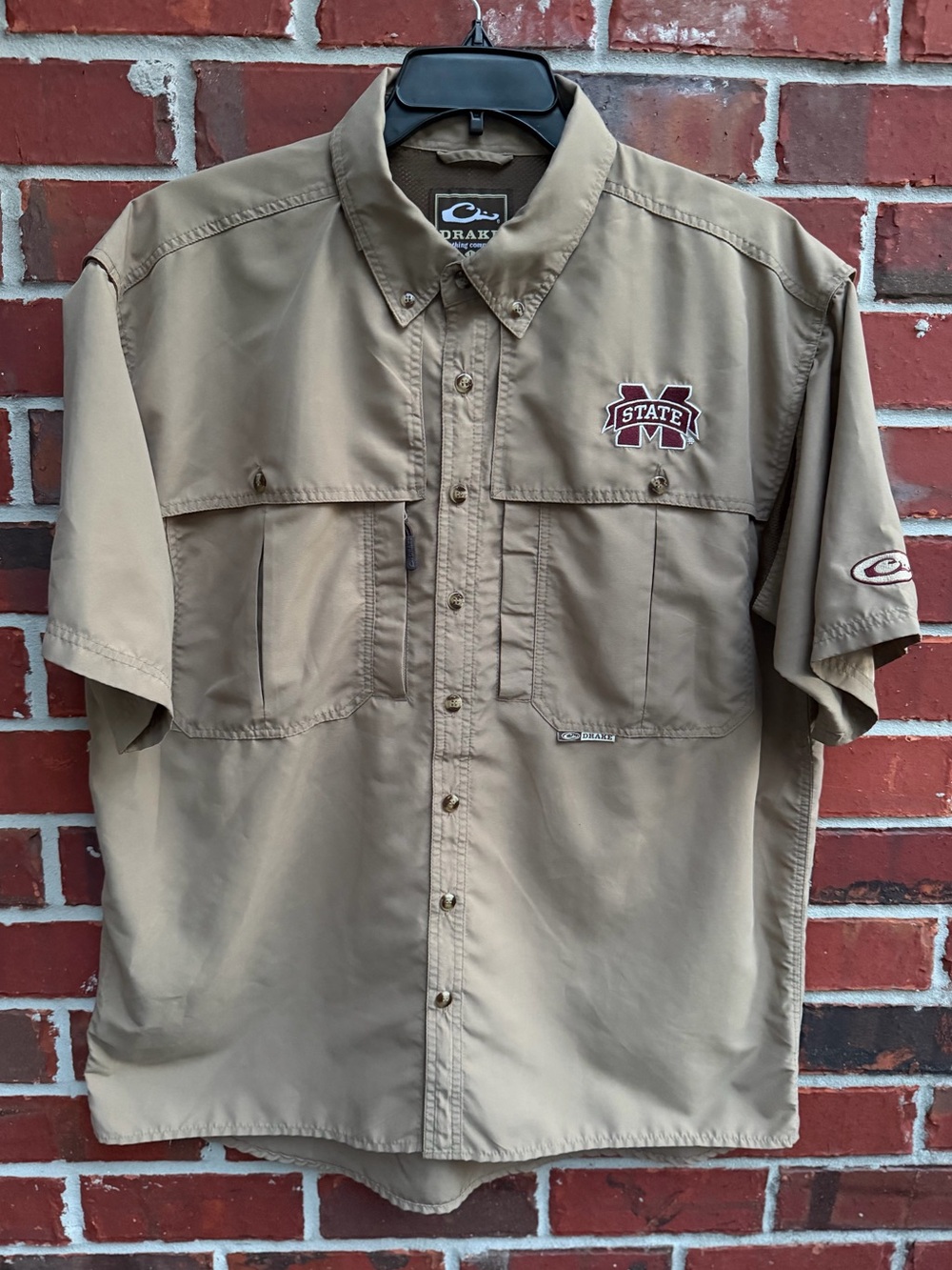 Drake Mississippi State Bulldogs Mens L Khaki Short Sleeve Button Down Shirt P7